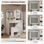 Coiffeuse moderne avec miroir LED, armoire de rangement et étagères, station de charge, tabouret assorti et étagères ouvertes pour chambre à coucher