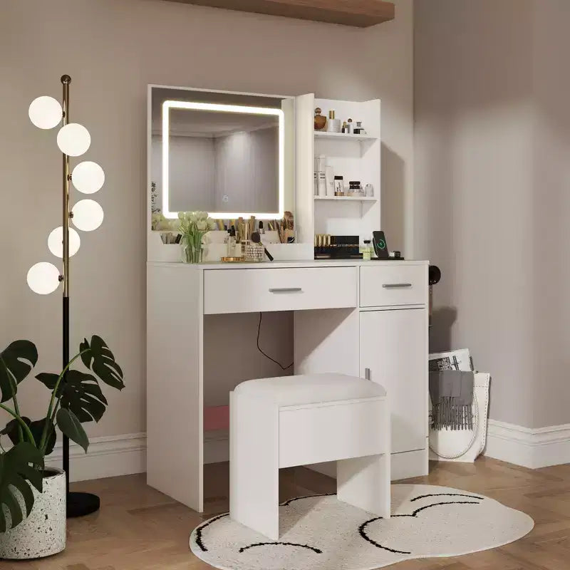 Coiffeuse moderne avec miroir LED, armoire de rangement et étagères, station de charge, tabouret assorti et étagères ouvertes pour chambre à coucher