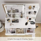 Coiffeuse moderne avec miroir LED, armoire de rangement et étagères, station de charge, tabouret assorti et étagères ouvertes pour chambre à coucher