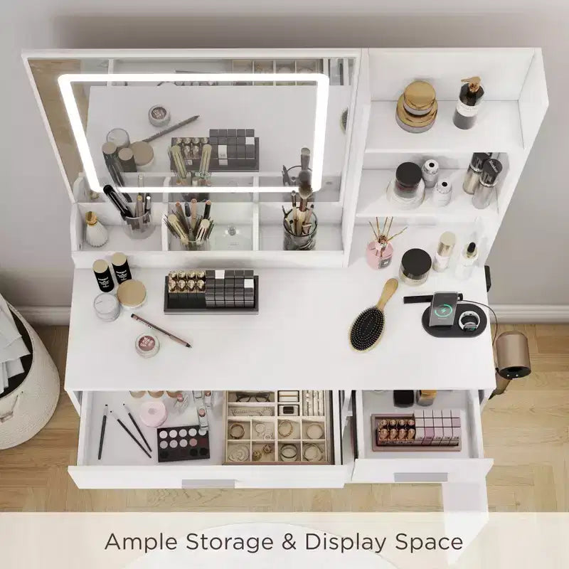 Coiffeuse moderne avec miroir LED, armoire de rangement et étagères, station de charge, tabouret assorti et étagères ouvertes pour chambre à coucher