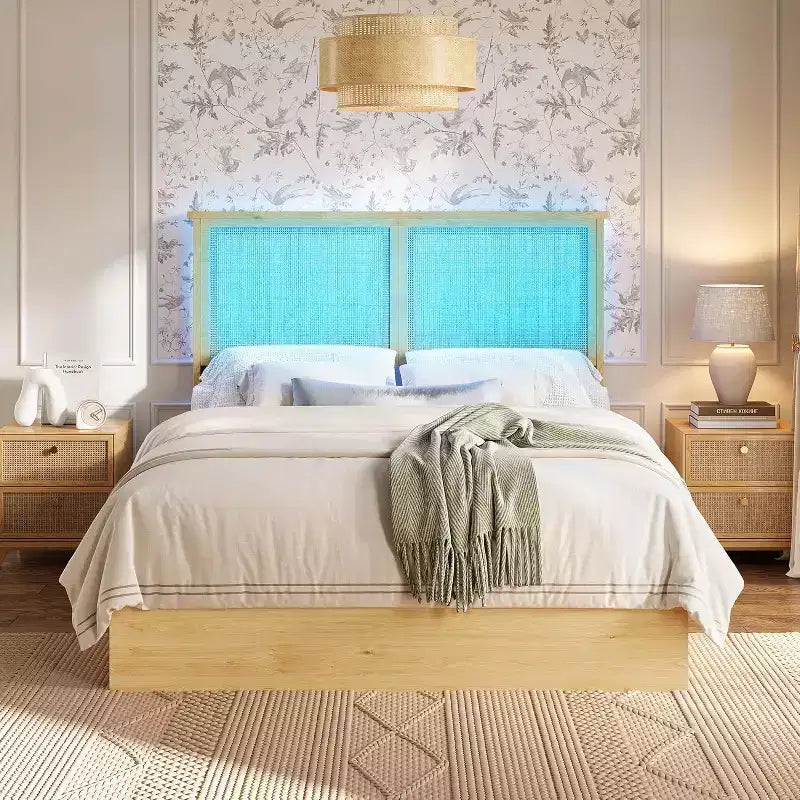 Cadre de lit plateforme Bohème en rotin avec lumières LED et tête de lit naturelle, sommier à lattes en bois, silencieux, pas besoin de sommier tapissier