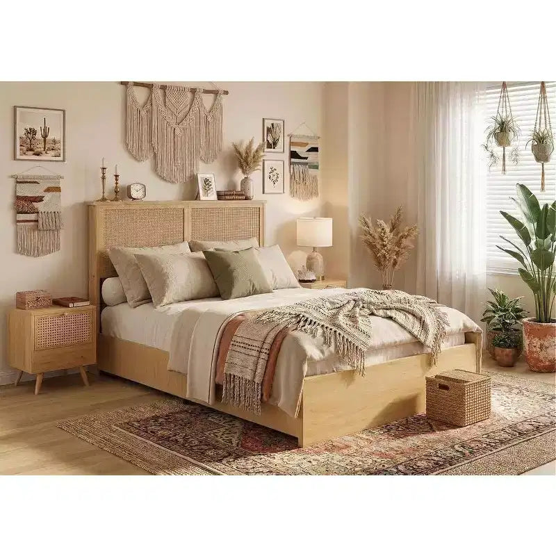Cadre de lit plateforme Bohème en rotin avec lumières LED et tête de lit naturelle, sommier à lattes en bois, silencieux, pas besoin de sommier tapissier