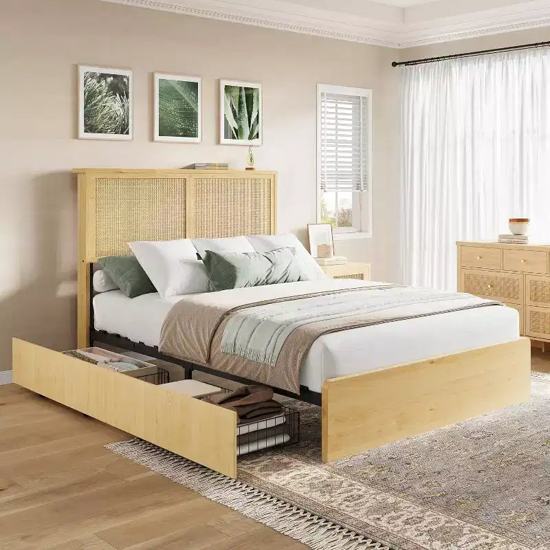 Cadre de lit plateforme Bohème en rotin avec lumières LED et tête de lit naturelle, sommier à lattes en bois, silencieux, pas besoin de sommier tapissier