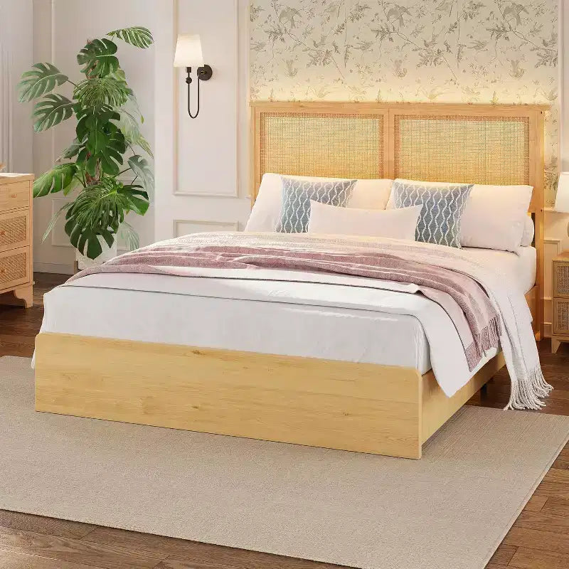 Cadre de lit plateforme Bohème en rotin avec lumières LED et tête de lit naturelle, sommier à lattes en bois, silencieux, pas besoin de sommier tapissier