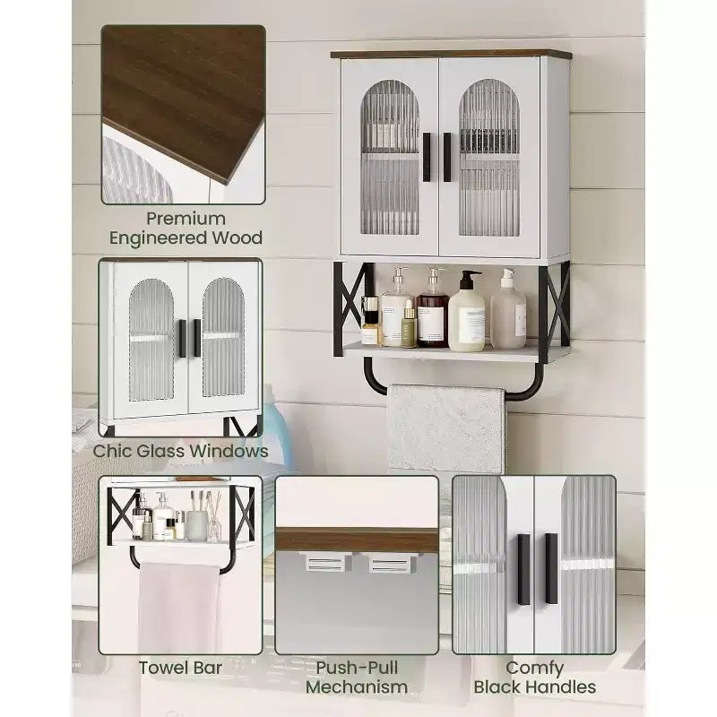 Meuble Haut de Salle de Bain Dcolora avec Étagère Réglable, Porte-Serviettes, 2 Portes en Verre