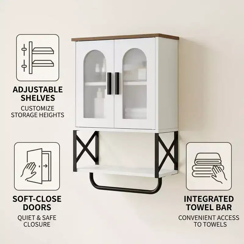 Meuble Haut de Salle de Bain Dcolora avec Étagère Réglable, Porte-Serviettes, 2 Portes en Verre