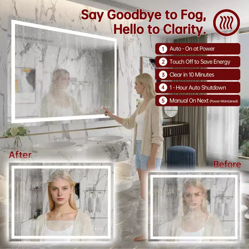 SUMERAIN Miroir de salle de bain mural LED 48x36, incassable, anti-buée ETL, intensité variable en continu