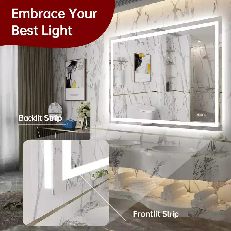 SUMERAIN Miroir de salle de bain mural LED 48x36, incassable, anti-buée ETL, intensité variable en continu