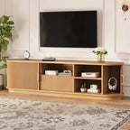 Vintage Rustic TV Stand with Sliding Wood Slatted Doors, 75 Farmhouse Fluted Media Console with Drawer (Natural Wood Grain)
