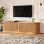 Meuble TV Vintage Rustique avec Portes Coulissantes à Lattes, Console Multimédia de Ferme Cannelée de 75 po avec Tiroir (Grain de Bois Naturel)