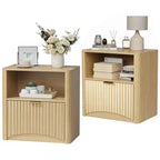 Design Cannelé | Table de Chevet en Chêne de 58 cm | Table de Chevet Moderne en Bois Imperméable avec Tiroir et Rangement | Meuble de Chambre à Coucher | Couleur Chêne Clair | Lot de 2