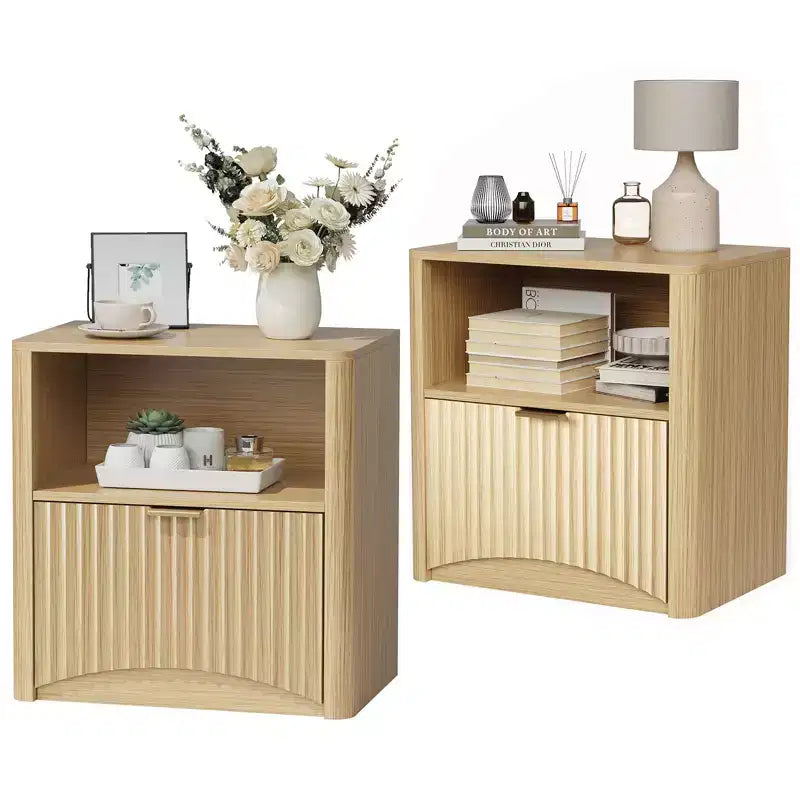 Design Cannelé | Table de Chevet en Chêne de 58 cm | Table de Chevet Moderne en Bois Imperméable avec Tiroir et Rangement | Meuble de Chambre à Coucher | Couleur Chêne Clair | Lot de 2