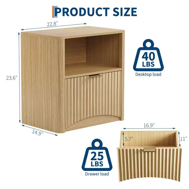 Design Cannelé | Table de Chevet en Chêne de 58 cm | Table de Chevet Moderne en Bois Imperméable avec Tiroir et Rangement | Meuble de Chambre à Coucher | Couleur Chêne Clair | Lot de 2