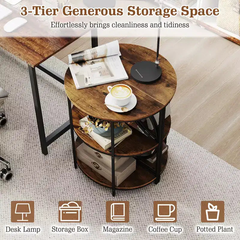 Lot de 2 tables d'appoint semi-circulaires à 3 niveaux Costway avec étagères de rangement en métal robuste, marron rustique