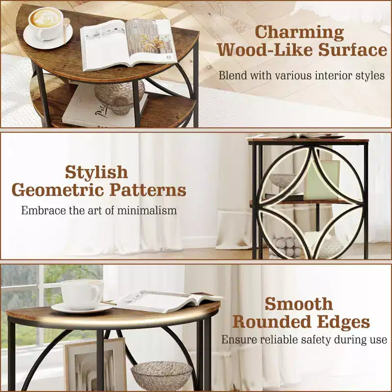 Lot de 2 tables d'appoint semi-circulaires à 3 niveaux Costway avec étagères de rangement en métal robuste, marron rustique