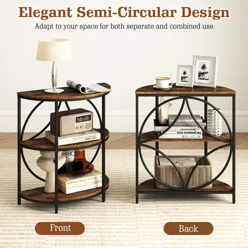 Lot de 2 tables d'appoint semi-circulaires à 3 niveaux Costway avec étagères de rangement en métal robuste, marron rustique