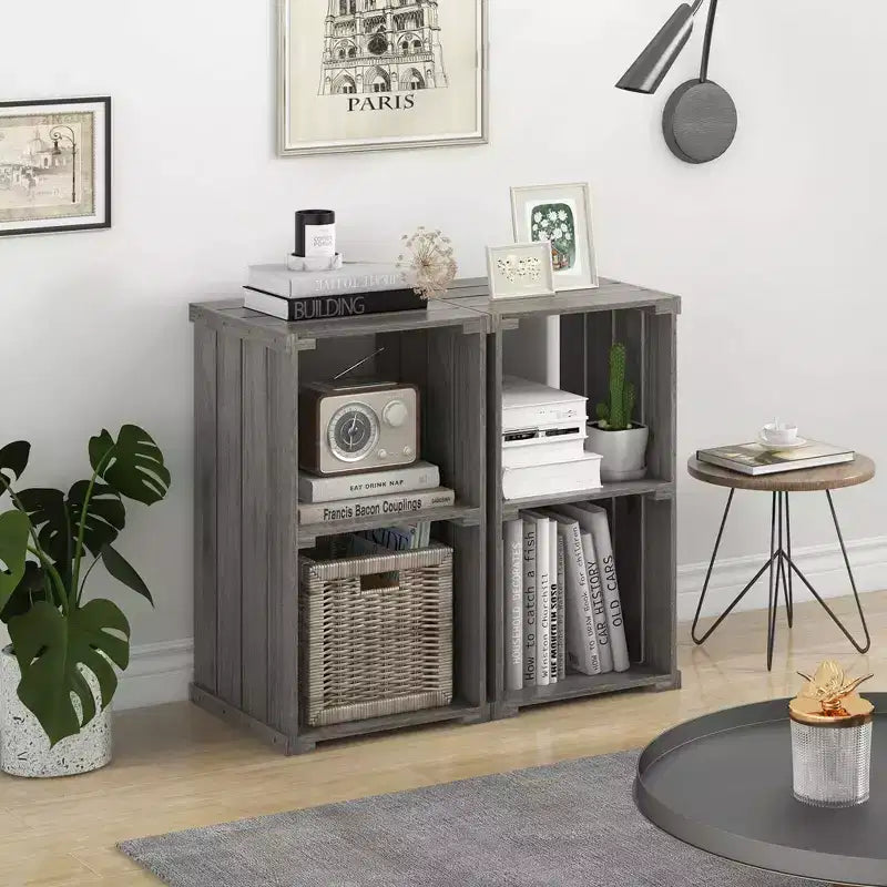 Costway 1/2 PCS Étagère de rangement 2 cubes en bois de Paulownia à lattes, organisateur cubique à dos ouvert, gris