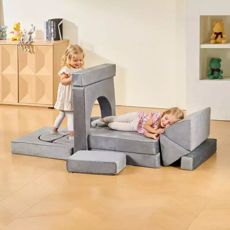 Canapé sectionnel modulaire pour enfants avec accoudoirs, 14 pièces, gris, usage intensif