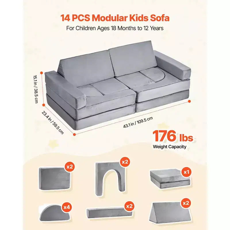 Canapé sectionnel modulaire pour enfants avec accoudoirs, 14 pièces, gris, usage intensif