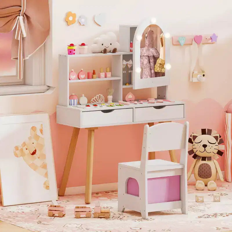 Coiffeuse pour enfants Costway avec 3 modes d'éclairage de couleurs, luminosité réglable, miroir-armoire blanc/rose