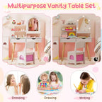 Coiffeuse pour enfants Costway avec 3 modes d'éclairage de couleurs, luminosité réglable, miroir-armoire blanc/rose