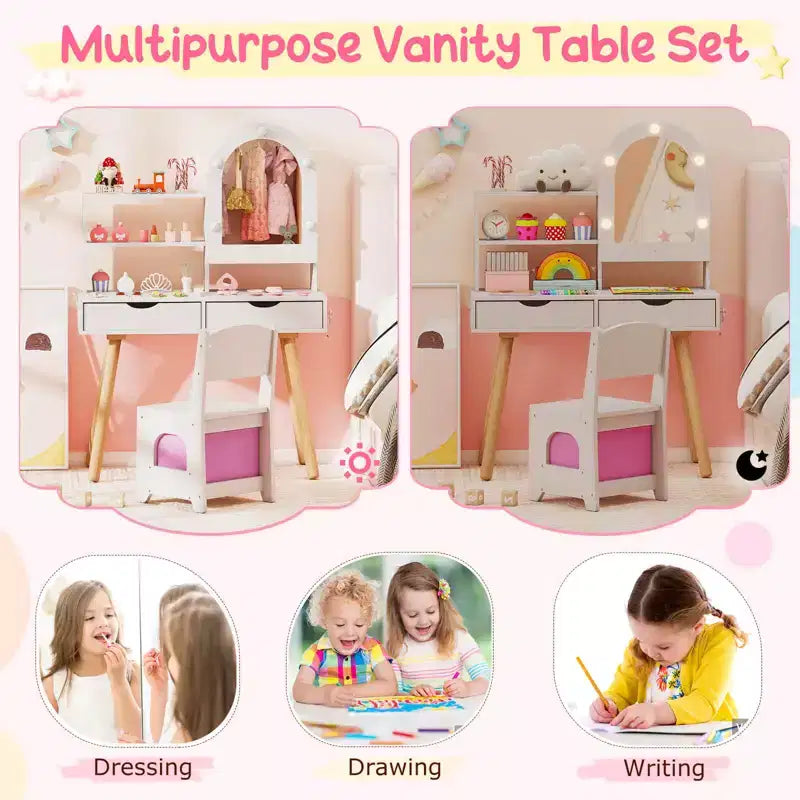 Coiffeuse pour enfants Costway avec 3 modes d'éclairage de couleurs, luminosité réglable, miroir-armoire blanc/rose