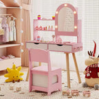 Coiffeuse pour enfants Costway avec 3 modes d'éclairage de couleurs, luminosité réglable, miroir-armoire blanc/rose