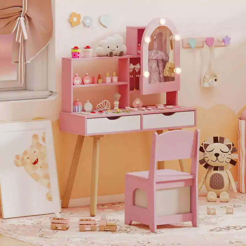 Coiffeuse pour enfants Costway avec 3 modes d'éclairage de couleurs, luminosité réglable, miroir-armoire blanc/rose