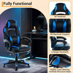Chaise de gamer en cuir PU à dossier haut, chaise d'ordinateur ergonomique avec appui-tête, repose-pieds rétractable, support lombaire, pivotant à 360°, réglage en hauteur, noir