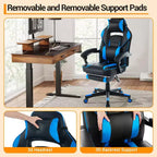 Chaise de gamer en cuir PU à dossier haut, chaise d'ordinateur ergonomique avec appui-tête, repose-pieds rétractable, support lombaire, pivotant à 360°, réglage en hauteur, noir
