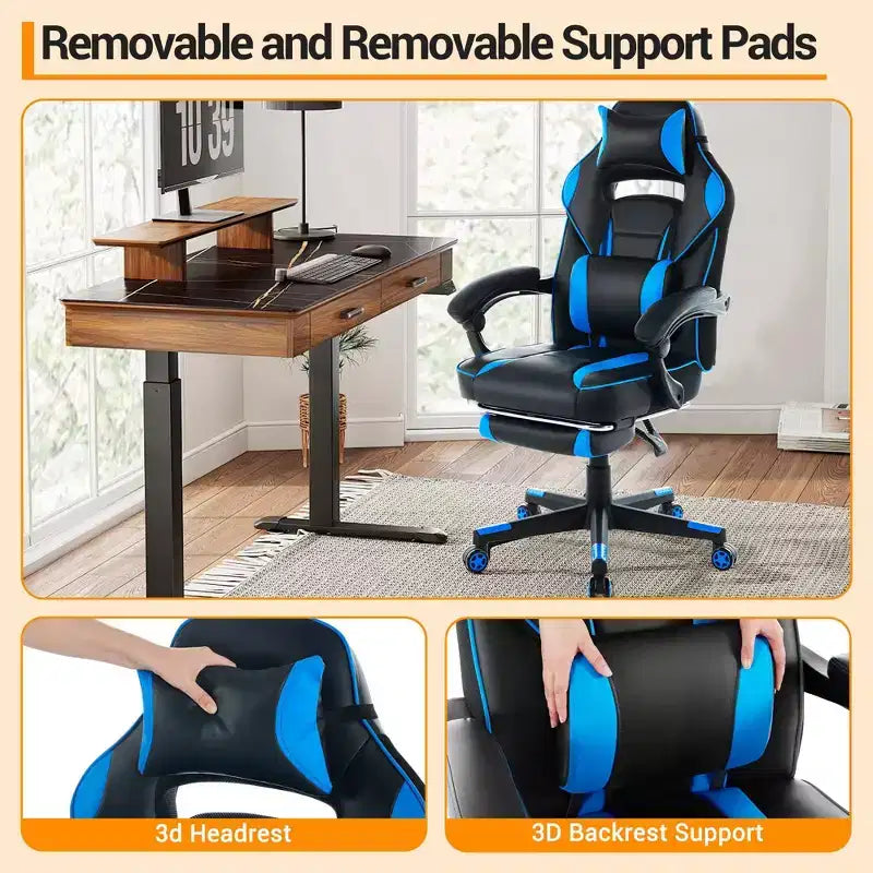 Chaise de gamer en cuir PU à dossier haut, chaise d'ordinateur ergonomique avec appui-tête, repose-pieds rétractable, support lombaire, pivotant à 360°, réglage en hauteur, noir
