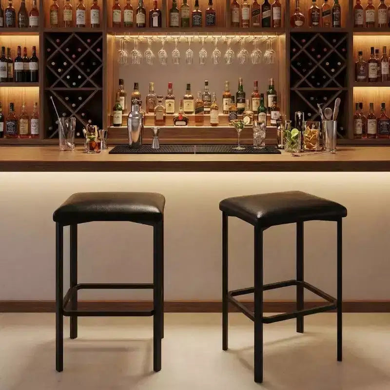 24 Inch Bar Stools Set of 2, PU Leather Seats with Thick Padding & Footrest, Modern Metal Frame with Adjustable Feet for Kitchen Island, Bar Counter