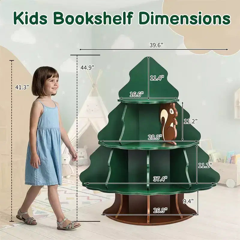 Étagère à Livres pour Enfants Karl Home, 4 Niveaux, 12 Compartiments, en MDF, Motif Arbre de Noël et Écureuil
