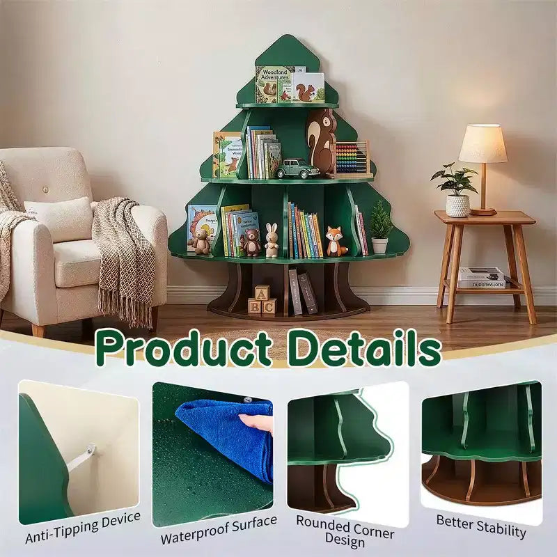 Étagère à Livres pour Enfants Karl Home, 4 Niveaux, 12 Compartiments, en MDF, Motif Arbre de Noël et Écureuil