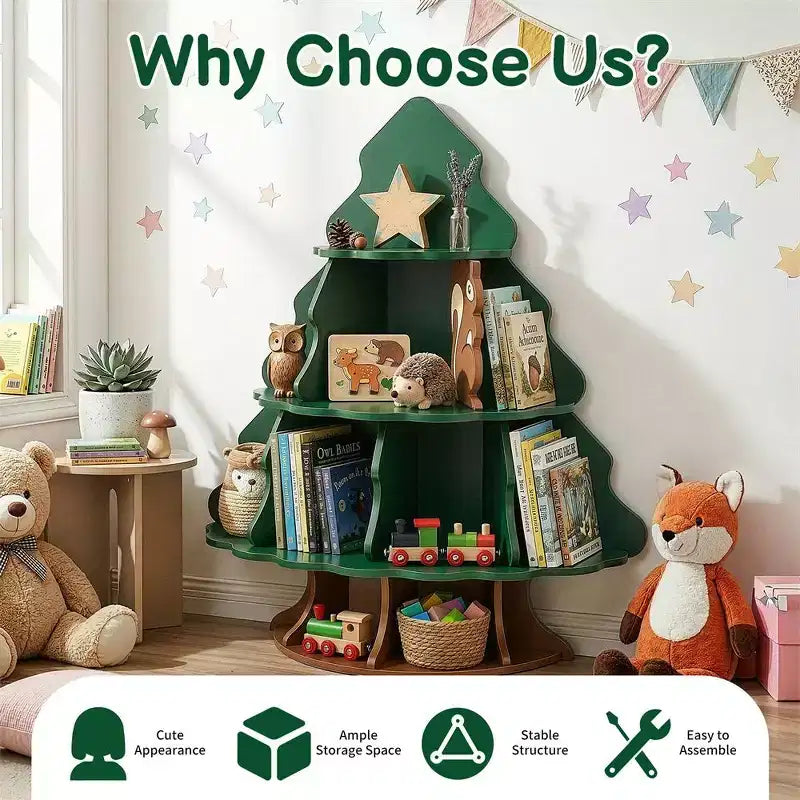 Étagère à Livres pour Enfants Karl Home, 4 Niveaux, 12 Compartiments, en MDF, Motif Arbre de Noël et Écureuil