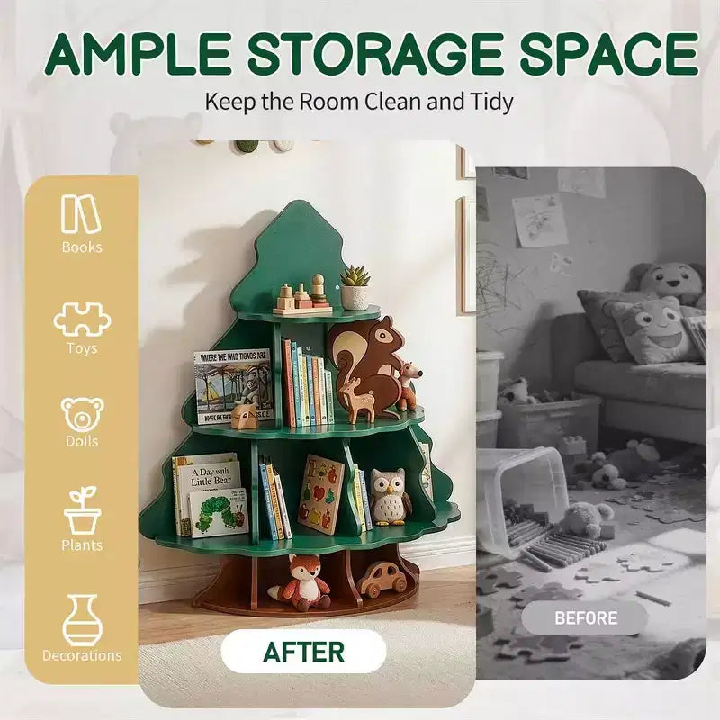 Étagère à Livres pour Enfants Karl Home, 4 Niveaux, 12 Compartiments, en MDF, Motif Arbre de Noël et Écureuil
