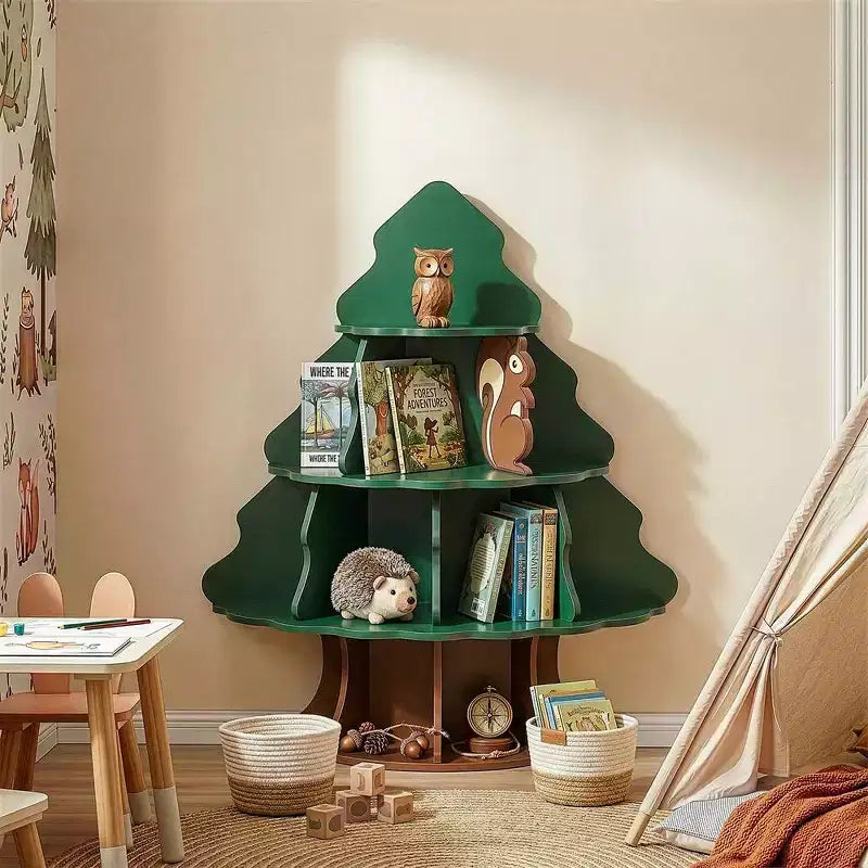 Étagère à Livres pour Enfants Karl Home, 4 Niveaux, 12 Compartiments, en MDF, Motif Arbre de Noël et Écureuil