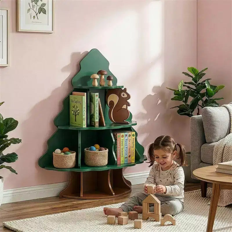 Étagère à Livres pour Enfants Karl Home, 4 Niveaux, 12 Compartiments, en MDF, Motif Arbre de Noël et Écureuil