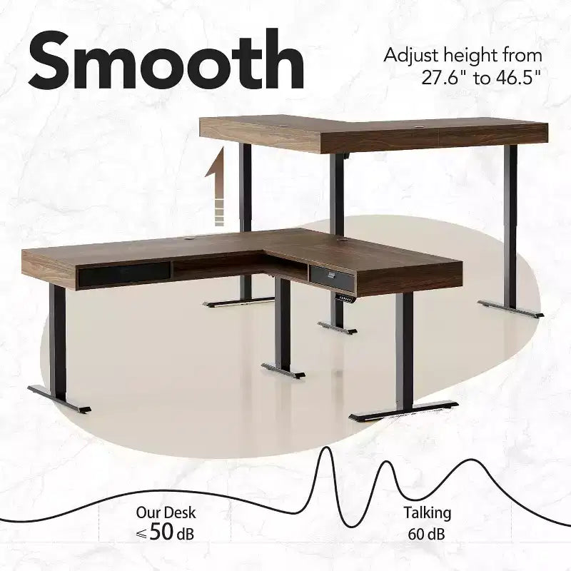 Bureau d'angle électrique en forme de L de 160 x 135 cm avec 2 tiroirs de rangement et un caisson de classement, bureau d'ordinateur réglable en hauteur, couleur noyer