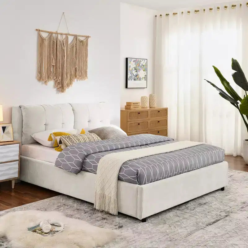 Cadre de lit plateforme de rangement ModernLuxe Queen/King, lit capitonné en chenille avec tête de lit moelleuse