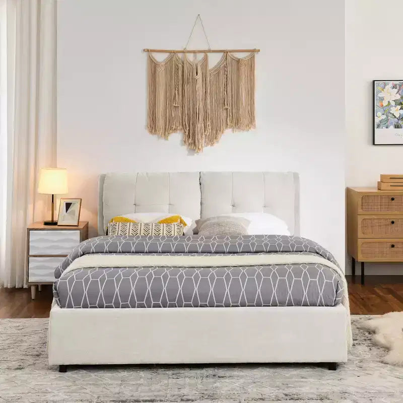 Cadre de lit plateforme de rangement ModernLuxe Queen/King, lit capitonné en chenille avec tête de lit moelleuse