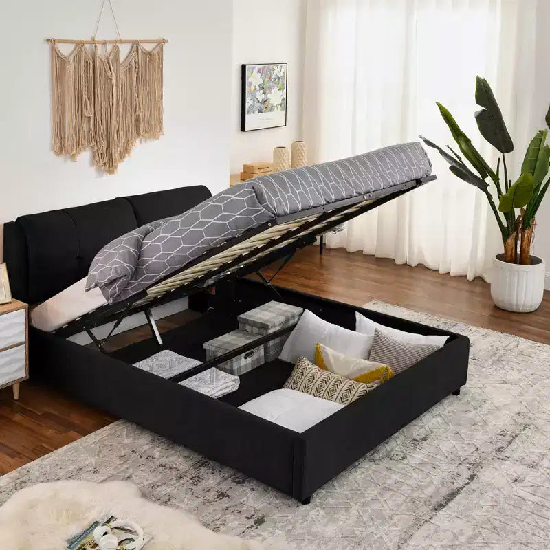 Cadre de lit plateforme de rangement ModernLuxe Queen/King, lit capitonné en chenille avec tête de lit moelleuse