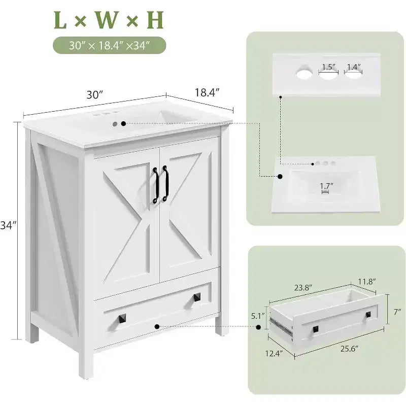 Meuble de salle de bain de 76 cm avec lavabo en céramique, meuble de salle de bain sur pied de style ferme avec 2 portes et 1 tiroir