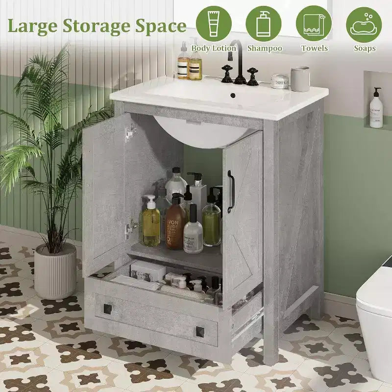 Meuble de salle de bain de 76 cm avec lavabo en céramique, meuble de salle de bain sur pied de style ferme avec 2 portes et 1 tiroir