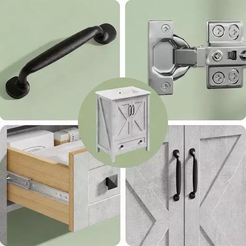 Meuble de salle de bain de 76 cm avec lavabo en céramique, meuble de salle de bain sur pied de style ferme avec 2 portes et 1 tiroir