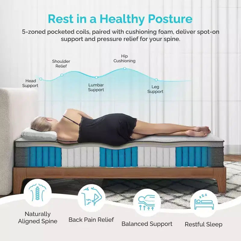 Serweet 8 Matelas Hybride Rafraîchissant 5 Zones d'Isolation du Mouvement, Ressorts Plus Robustes pour un Soutien Durable -Fermeté Moyenne- Compatible avec les Lits Plateformes