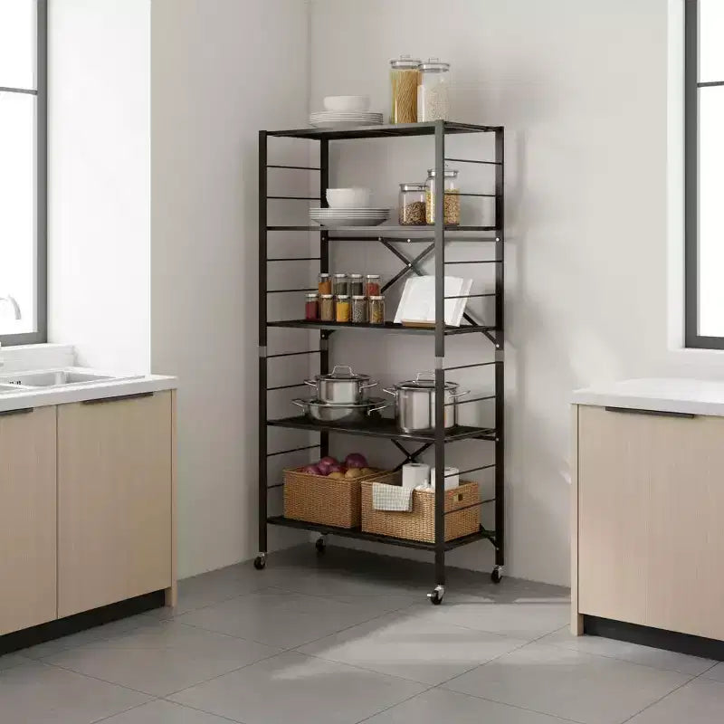 Gymax 1/2 pièce Étagères de rangement pliantes réglables à 5 niveaux avec roulettes verrouillables pour bureau à domicile Noir