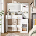 Modern White Makeup Vanity Desk with LED Lighted Mirror Charging Station 2 Outlets USB Type C 2 Drawers 3 Shelves Acrylic Cabinet Bedroom Vanity Set