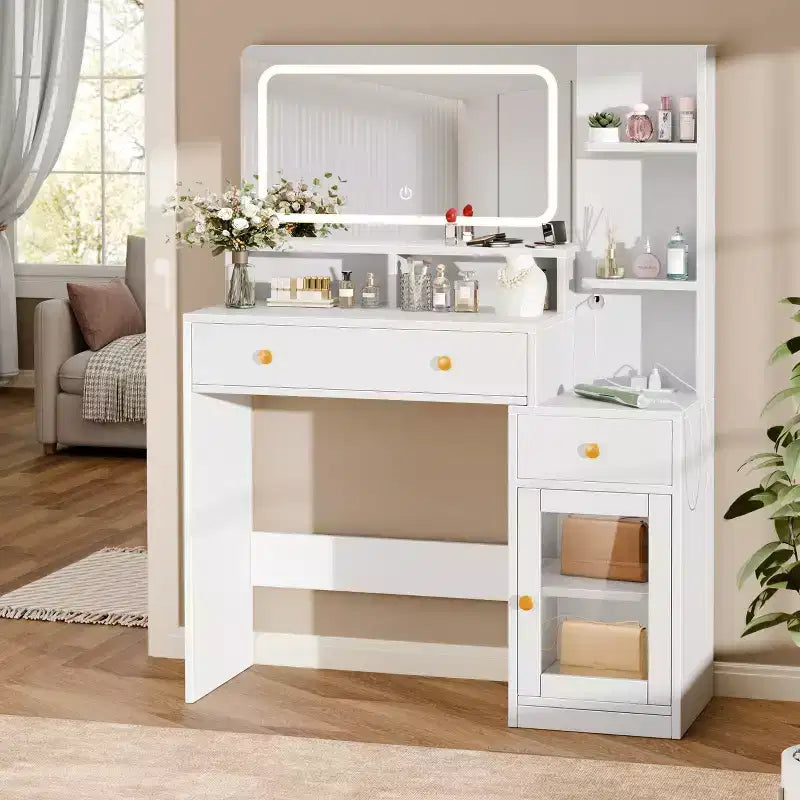 Coiffeuse moderne blanche avec miroir LED éclairé, station de charge 2 prises USB Type C, 2 tiroirs, 3 étagères et placard en acrylique pour chambre à coucher.