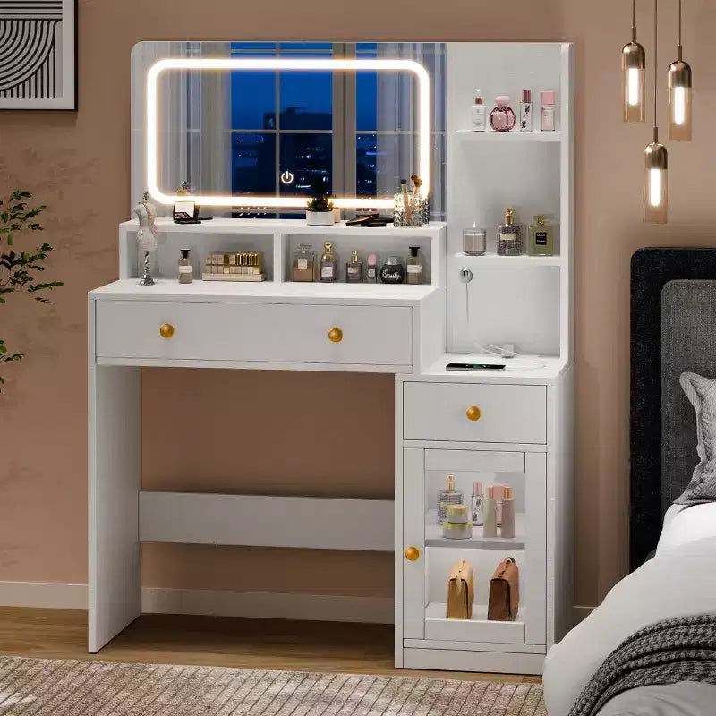 Coiffeuse moderne blanche avec miroir LED éclairé, station de charge 2 prises USB Type C, 2 tiroirs, 3 étagères et placard en acrylique pour chambre à coucher.
